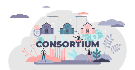 Fototapeta na wymiar Consortium partnership strategy, flat tiny persons illustration, transparent background. Achieving common goals by partnering up in association. Abstract business structure concept.