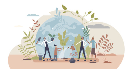 Environmentalism global movement tiny person concept, transparent background. Sustainability and Earth protection driven community work. Care for living things and clean environment.