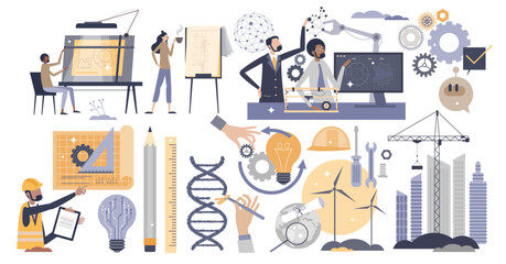 Engineering elements with industrial project development tiny person set, transparent background. Collection with engineer occupation scenes, tools and work items illustration.
