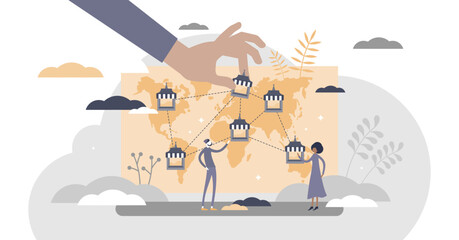 Franchise business model for company trade expansion flat tiny persons concept, transparent background.Cooperation trademark licensing for brand distribution illustration.