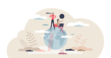 Global opportunity searching for international business tiny person concept, transparent background. Businessman standing on globe and looking in future goals.