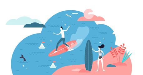 Surfing illustration, transparent background.Flat tiny wave board activity person concept.Ocean and sea outdoors leisure as vacation and travel destination.