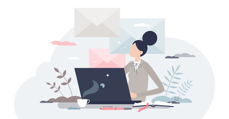 Writing professional email and business communication tiny person concept, transparent background. Write new digital letter using computer document illustration. Elegant businesswoman in work.