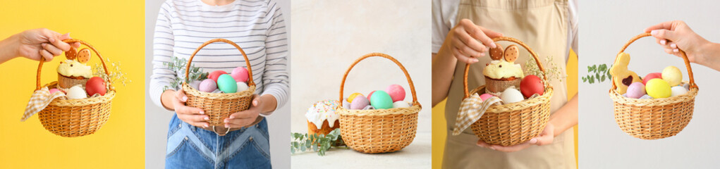 Fototapeta na wymiar Collage of baskets with painted Easter eggs