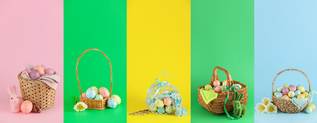 Collage of baskets with painted Easter eggs on color background
