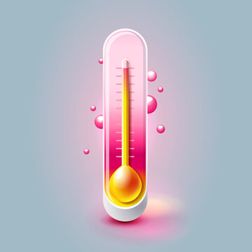 Icon glass volumetric 3D thermometer measures degrees of heat, weather, seasons, summer, pink and yellow colors on a pink gray background with a glow
