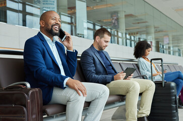 Black man, phone call at airport with travel for work and smile, communication and business trip....
