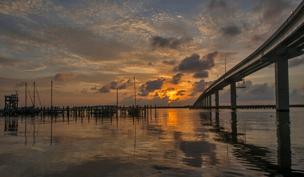 John Gorrie Memorial Bridge over Apalachicola Bay at sunset, Florida, USA