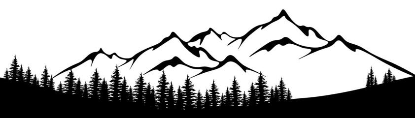 Black silhouette of mountains and fir trees camping landscape panorama illustration icon vector for logo, isolated on white background.