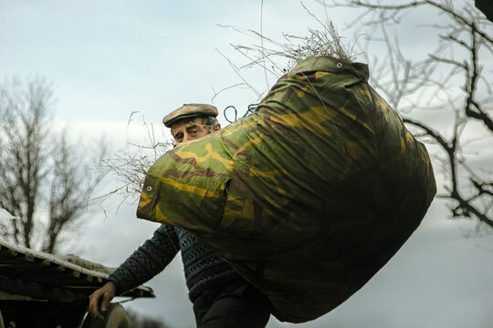 Villager carrying bundle of hay