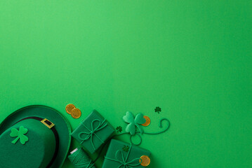 Saint Patrick's Day concept. Top view photo of green leprechaun hat spool of twine present boxes...