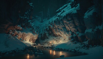 a snowy landscape with a mountain and a river at night with lights on the rocks and snow on the ground and rocks on the ground.  generative ai