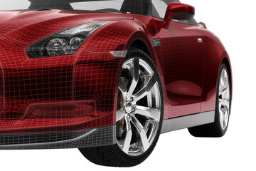 Roter Sportwagen mir exponierter Alufelge (mit Konstruktionsgitter) - isoliert