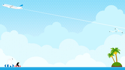 南国の海と、その上を飛ぶ飛行機　背景素材（横向き16:9）