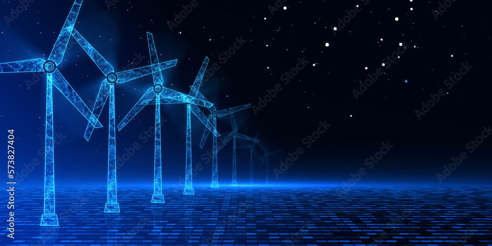 Poster Renewable technology and green energy electricity concept with row of digital windmills on abstract empty field with dark background and glowing squared floor. 3D rendering