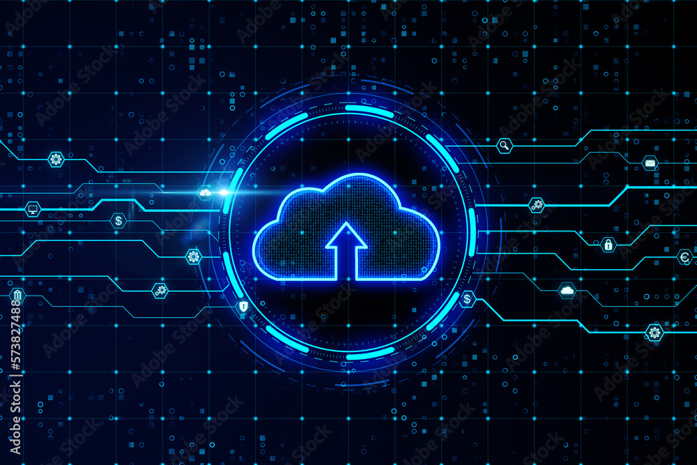 Aufkleber Data exchange and cloud computing concept with digital arrow in cloud symbol in a glowing circle on dark blue technological background with circuit scheme. 3D rendering