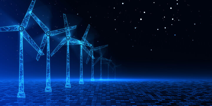Renewable technology and green energy electricity concept with row of digital windmills on abstract empty field with dark background and glowing squared floor. 3D rendering