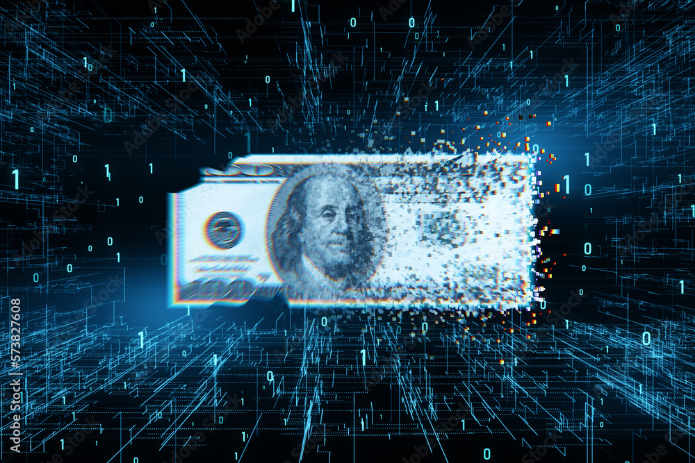 Poster Digital dollar bill on blurry tech background with binary coding. Business and finance concept. 3D Rendering.