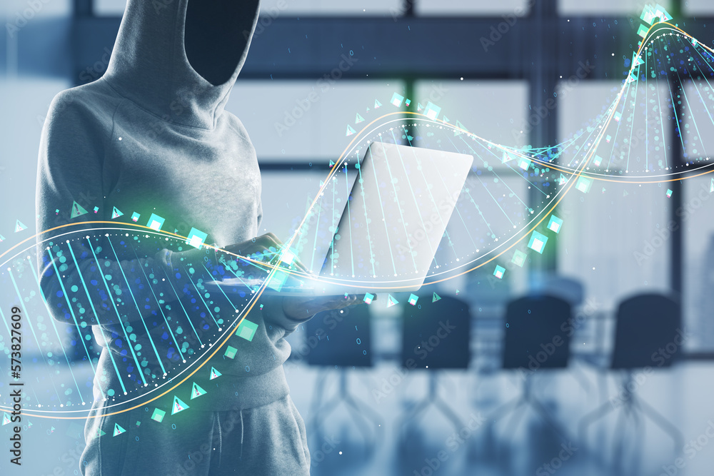 Poster Hacker using laptop with glowing binary code DNA helix on blurry office interior background. Human genome, hacking, phishing and innovative technologies concept. Double exposure.