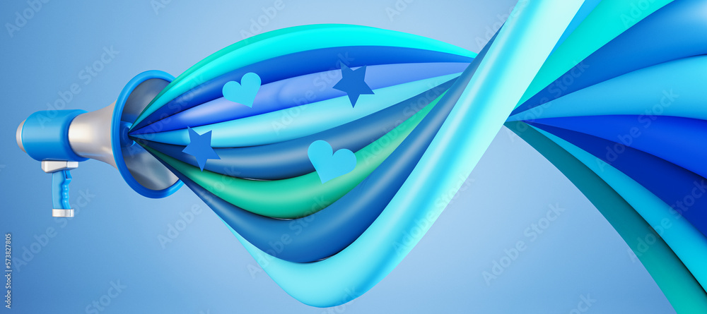 Poster creative loudspeaker with colorful sound wave on blue wallpaper. voting and fighting for your rights