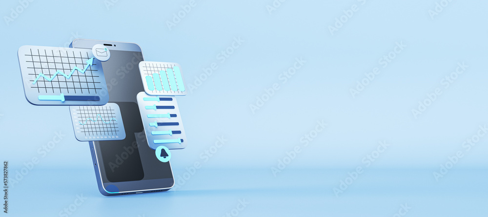 Poster Smartphone with business charts on blue background with mock up place. Data, software and web development concept. 3D Rendering.