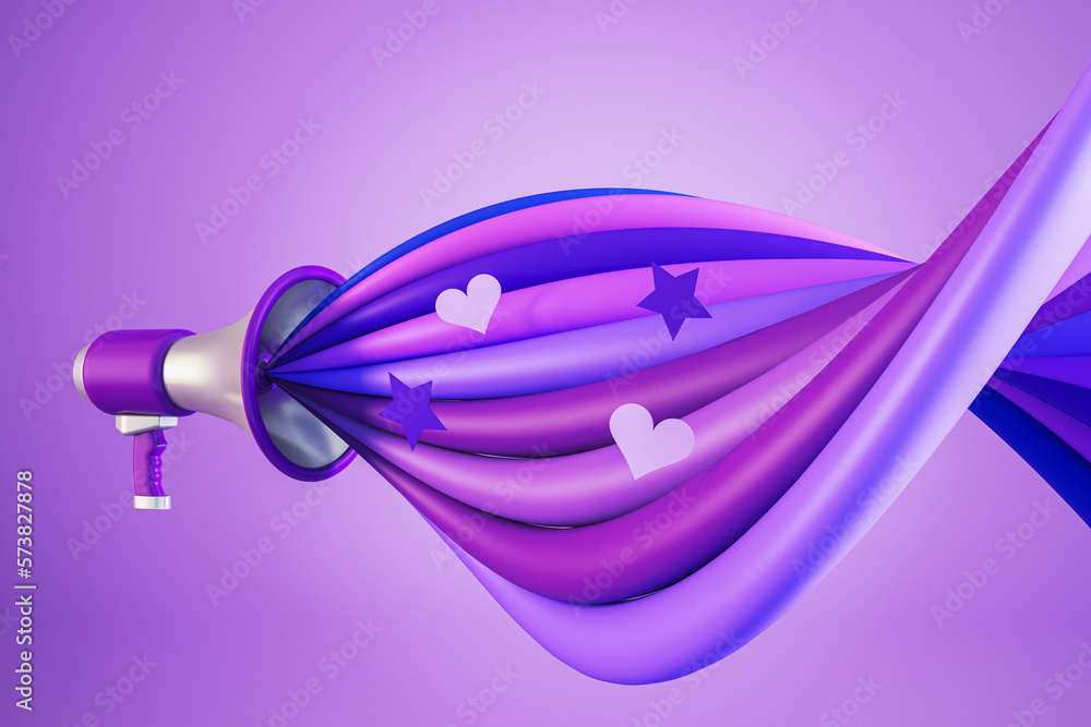 Poster Creative loudspeaker with colorful sound wave on purple background. Voting and fighting for your rights concept. 3D Rendering.