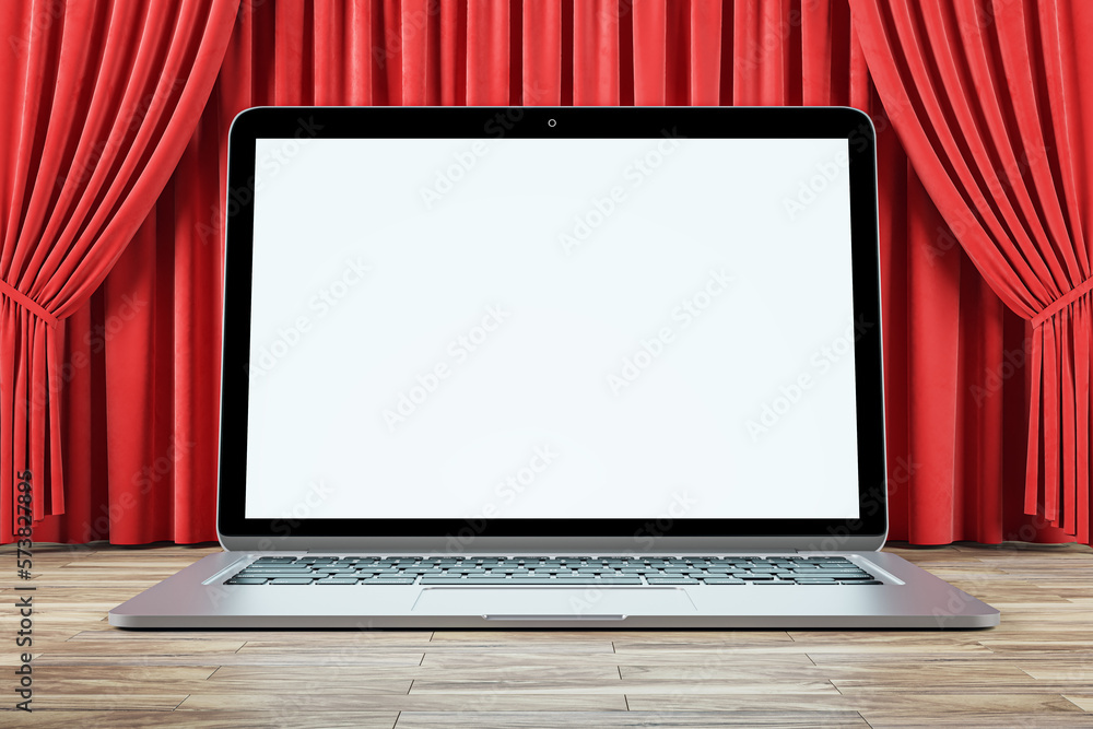Aufkleber Front view on blank modern laptop monitor with place for your web design or landing web page on wooden floor and on red backstage curtain background, online movie or theatre. 3D rendering, mock up