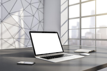 Perspective view on blank white modern laptop screen with place for your logo or text on dark table in sunlit modern interior design office with city view from big window. 3D rendering, mockup