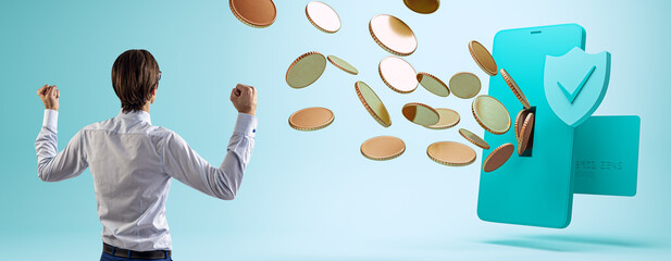 Back view of happy businessman with creative wide cashback background with coins, cellphone and...