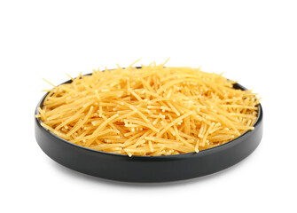 Plate of raw vermicelli pasta on white background