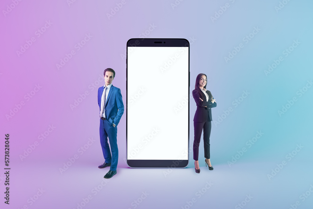 Poster Digital life service concept with blank white modern smartphone screen with place for web design or application logo between successful business people on abstract colorful background, mock up