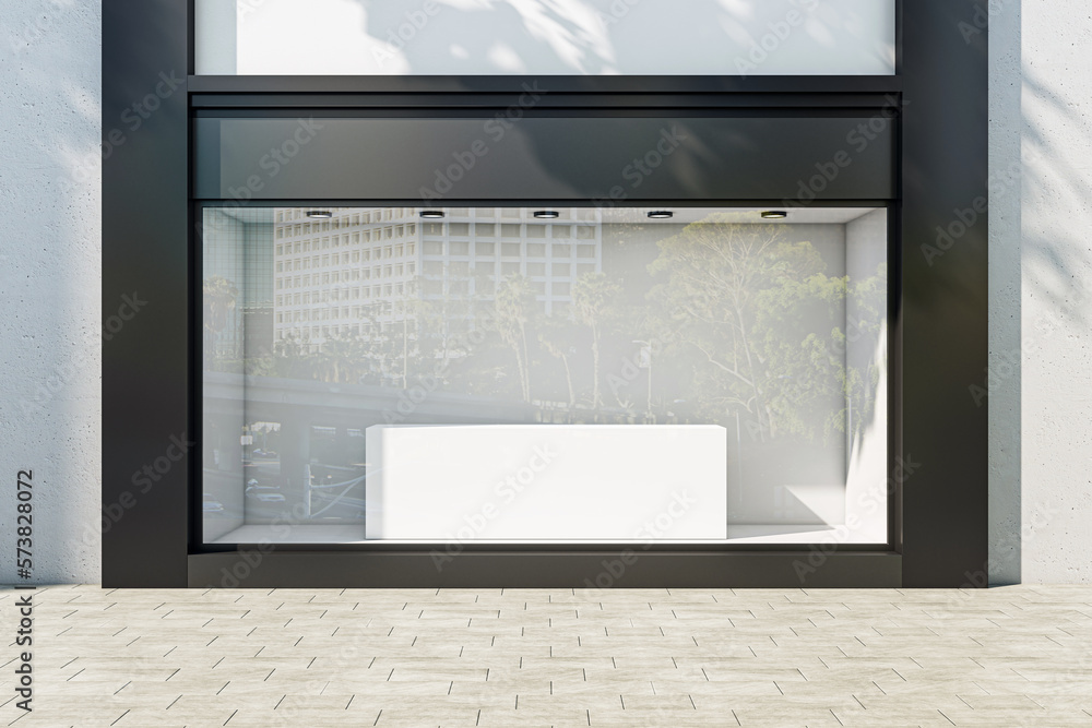 Poster blank podium on white wall background in empty shop window with place for your product presentation 