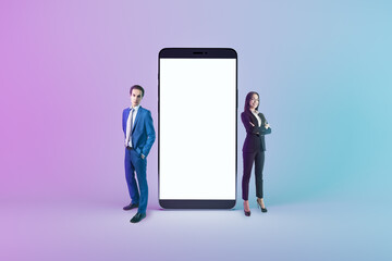 Digital life service concept with blank white modern smartphone screen with place for web design or application logo between successful business people on abstract colorful background, mock up