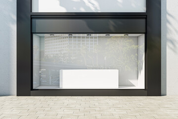 Blank podium on white wall background in empty shop window with place for your product presentation behind sunlit glass walls with city reflection in modern building outdoors. 3D rendering, mock up