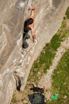 Lucas Iribarren climbs a 7a+ route in Balmanolesca, the most historical granite crag in Ossola, Italy.
