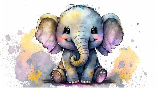  a watercolor painting of a baby elephant sitting on the ground with its trunk in the air and its eyes closed, with yellow and purple spots around its trunk.  generative ai