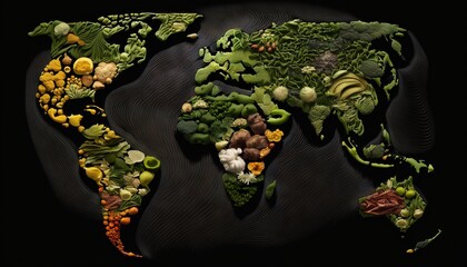  a map of the world made up of different types of vegetables and fruits and vegetables on a black background with a black background and a black border.  generative ai