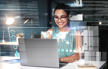 Laptop, hologram overlay and business woman in office with night dashboard or global map. Futuristic, technology and happy female employee with computer, cyber statistics or graphs, data or 3d charts