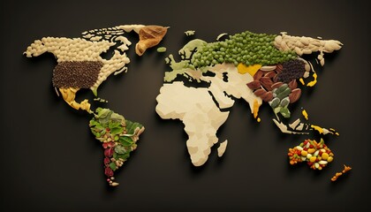  a map of the world made out of different types of food and vegetables on a black background with a black background and a white border.  generative ai
