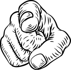 A hand pointing a finger at you in a retro vintage woodcut style