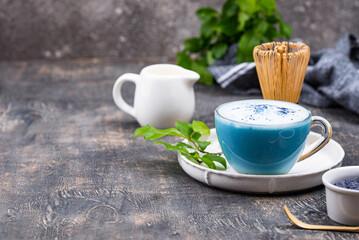 Fototapeta na wymiar Blue matcha latte with milk