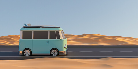 3d render retro camper driving on road in desert area