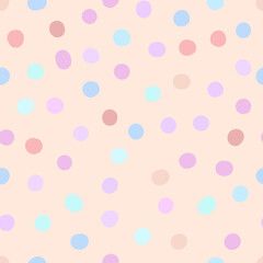 Seamless neutral polka dots pattern. Pink, blue hand-drawn circles on beige background. Abstract points ornament. Vector light baby illustration for baby shower, fabric, print, wrapping paper, textile