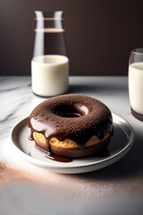 Appetizing donut in chocolate glaze, on the background of a bottle and a glass of milk. Created with generative AI.