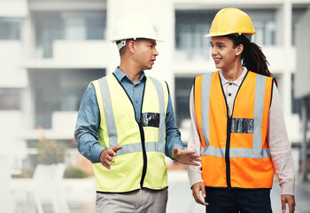 Teamwork, architecture and talking with people on construction site for project management,...