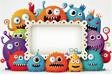 Fototapeta premium Cute Cartoon Monsters border frame on light white background mock-up copy space made with generative AI