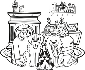 Hand Drawn Elderly sitting with the dog illustration in doodle style