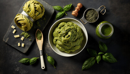 Pasta Perfection: Traditional Italian Pesto for Making Fettuccine - Ideal for Restaurant Menus and Cookbook Recipes. Generative AI