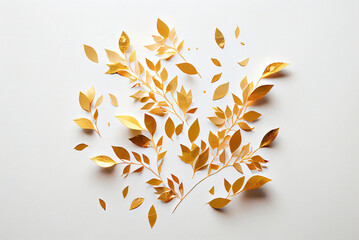 Naklejka na ściany i meble Herbal minimalist gold leaves on white background in minimalist vector style illustration made with generative AI