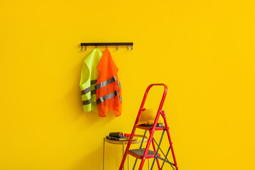 Reflective vests, stepladder and table with builder's tools near yellow wall